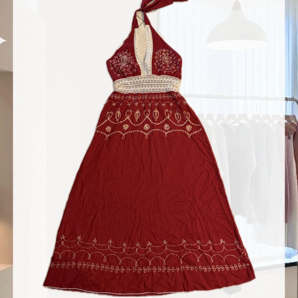 Red Halter Embroidered Maxi Dress -